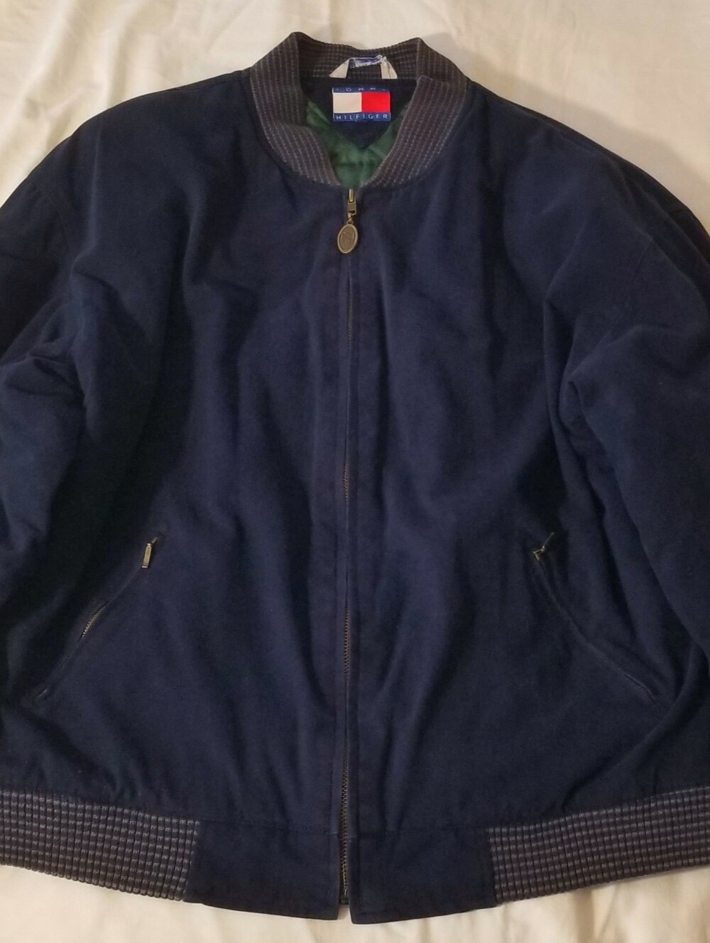 Men's Vintange Y2K Tommy Hilfiger Navy Blue Zip Front Bomber Size L